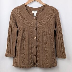 Ann Taylor Loft Cardigan Sweater Cable Knit Cashmere Blend Button Front Brown M